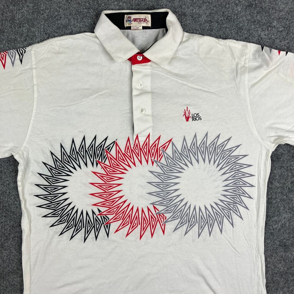 Antigua Polo Mens Size L White‎ Mercerized Geometric Graphic Vintage Shirt